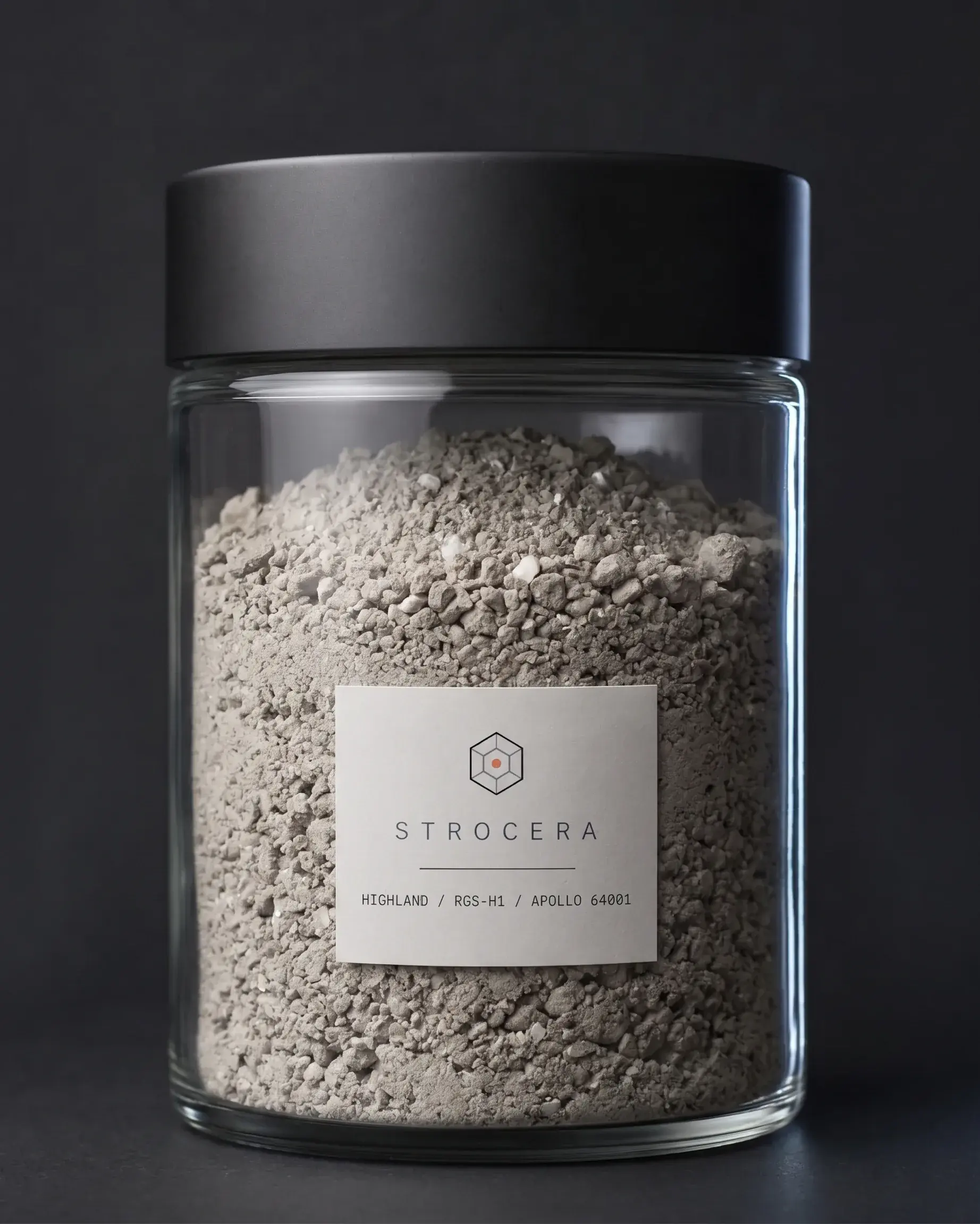 Lunar Regolith Simulant Highland in a Strocera sample jar