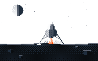 Pixel illustration of a lunar lander touching down, its plume disturbing the regolith below it