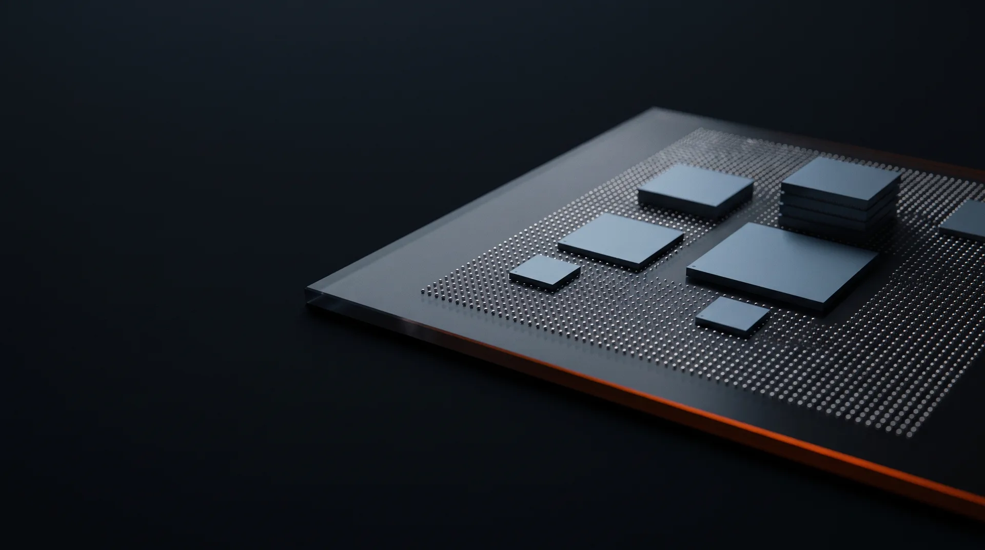 Bare silicon chiplets and a stacked die mounted on a dark glass-ceramic packaging substrate with a fine micro-bump grid