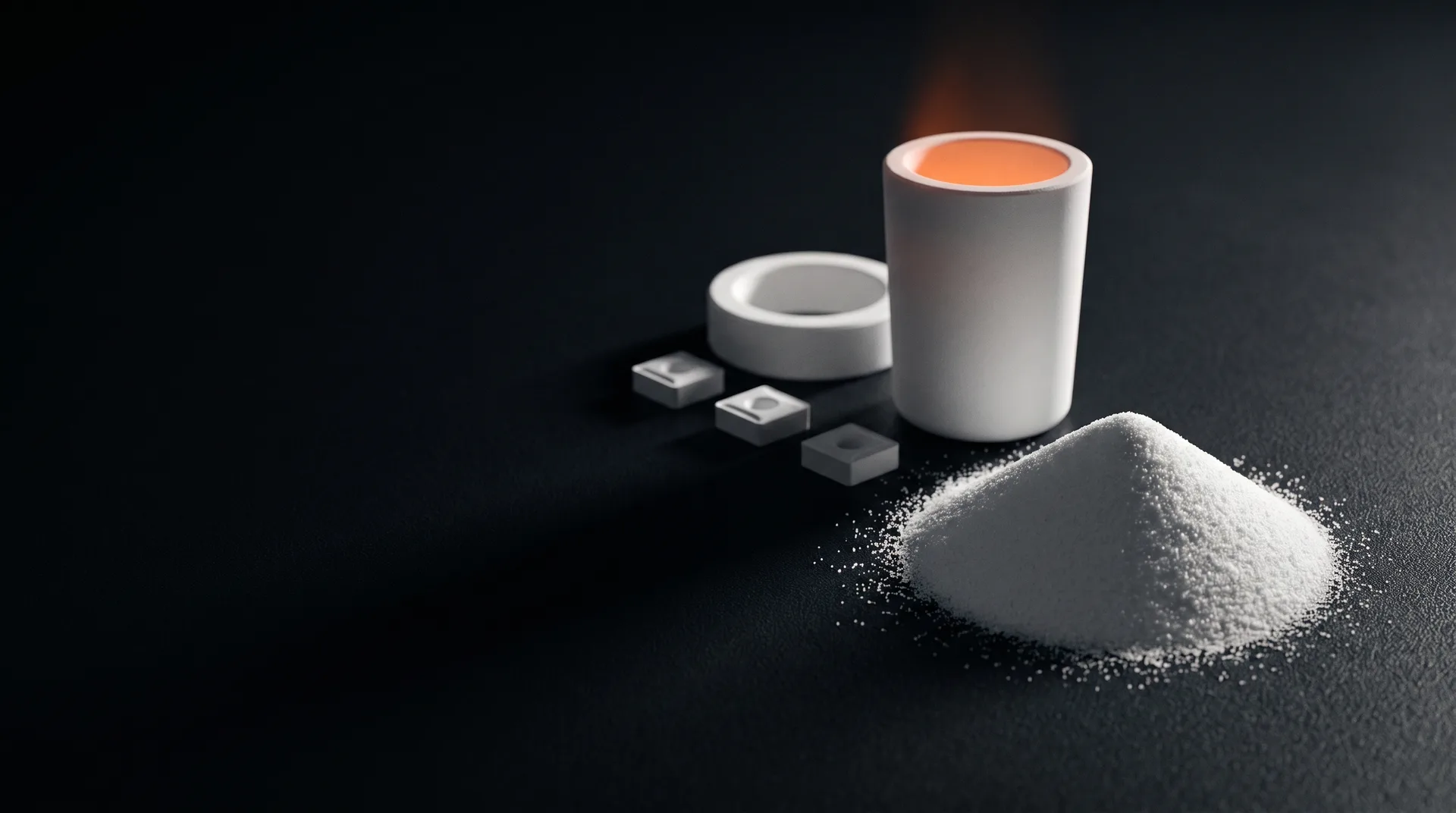 Een kegel fijn wit alfa-aluminiumoxidepoeder naast gesinterde witte aluminiumoxide-onderdelen: snijplaatjes, een slijtring en een vuurvaste smeltkroes met een zwakke oranje gloed