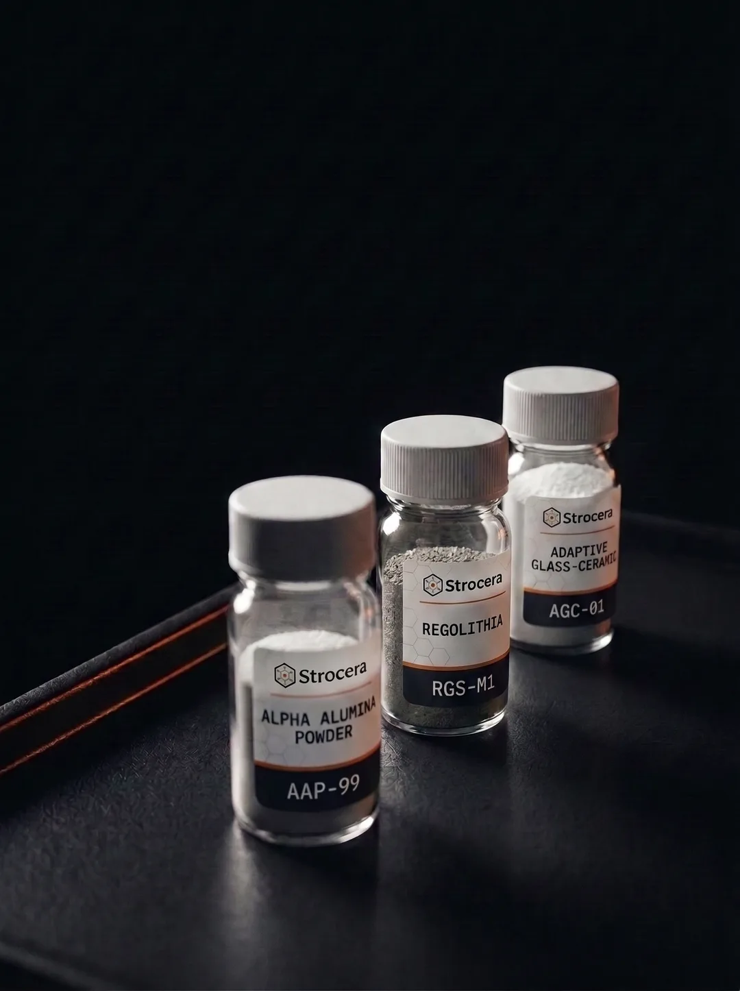 Three Strocera sample bottles on a black tray: alpha alumina powder AAP-99, Regolithia RGS-M1 and adaptive glass-ceramic AGC-01