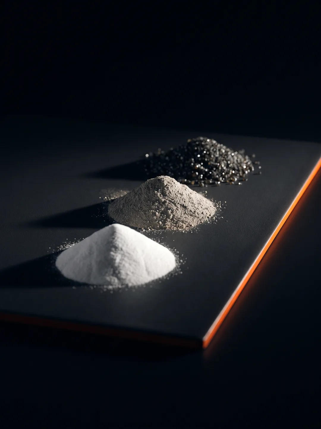 Three ceramic powders on a black slab: white alpha alumina, grey lunar regolith simulant and dark glass-ceramic granules